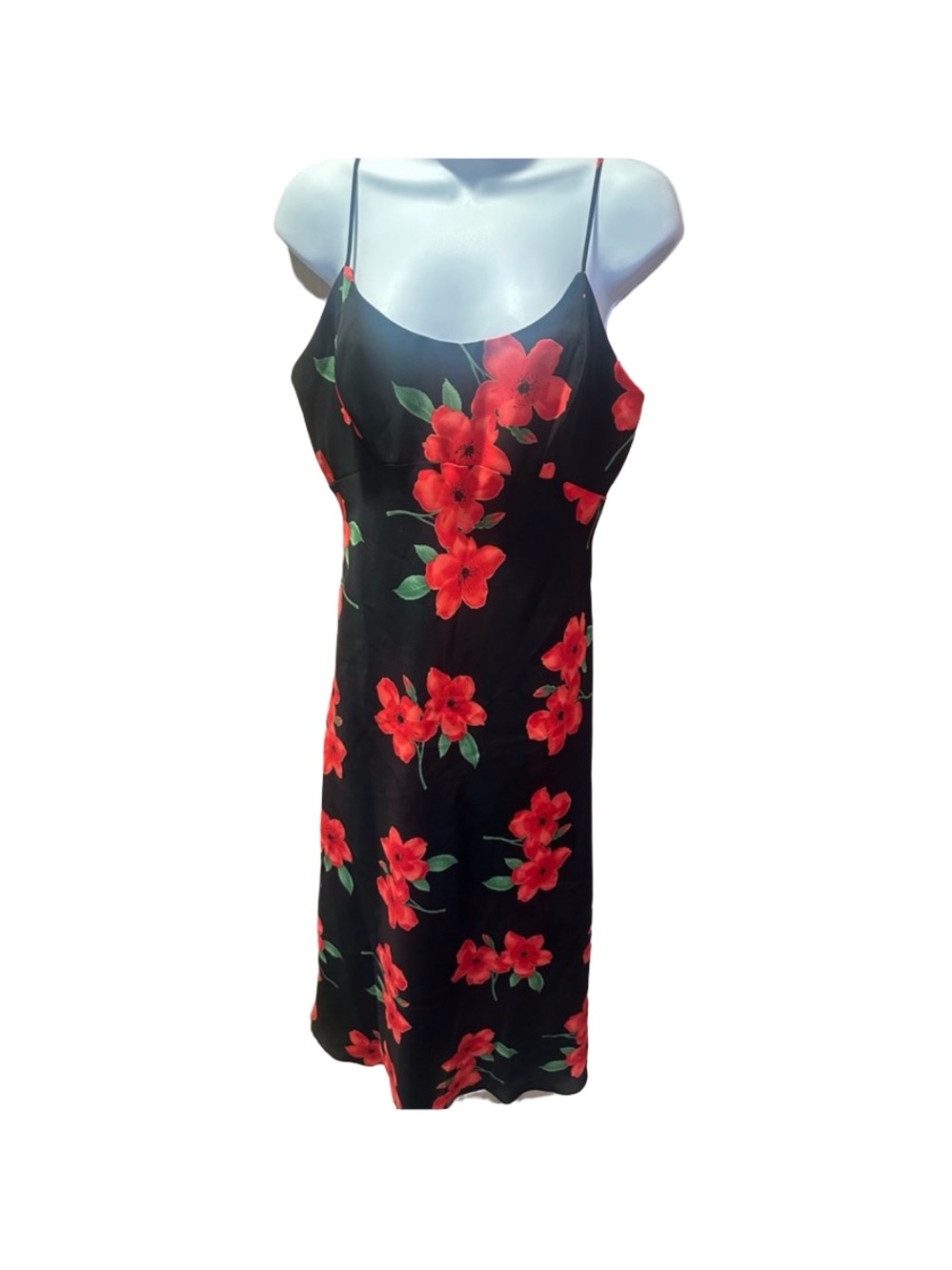 Vintage 90s Hampton Nites Black Slip Dress with Red Floral Print sz 10 petite